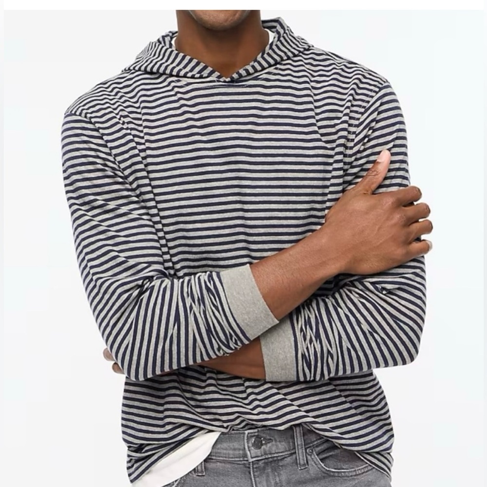 NWT J.Crew Striped Long-Sleeve Washed Jersey Hoodie, Navy/Gray, Size XL